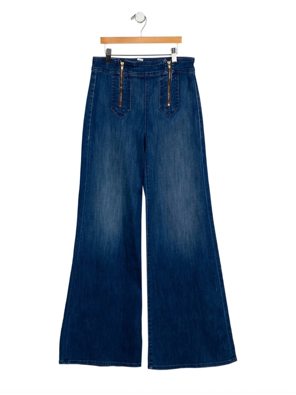 MOTHER Wide Leg Flare Jeans in Medium Blue with Gold Zippers